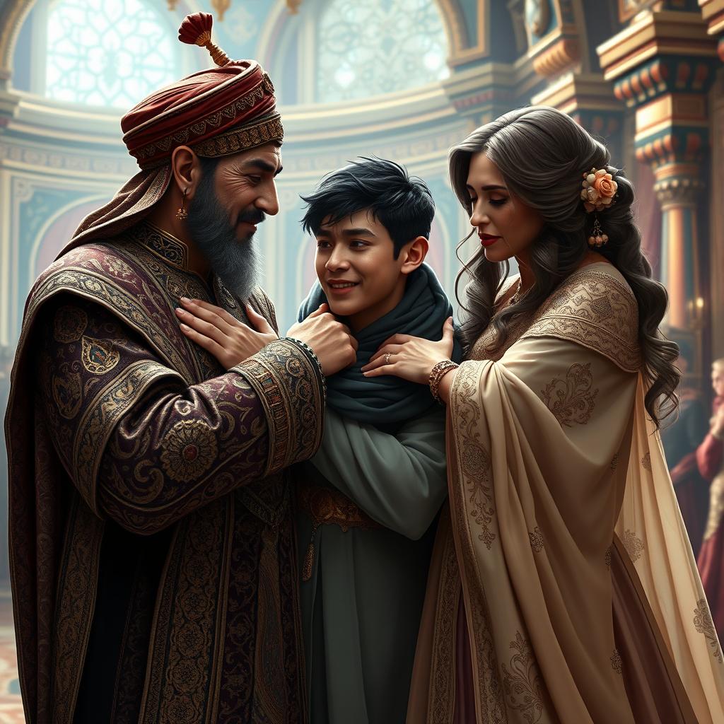 A dramatic, emotional scene featuring a Persian king and queen embracing a 23-year-old young man after a long separation
