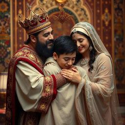 A Persian king and queen embracing a 23-year-old young man in a heartfelt reunion