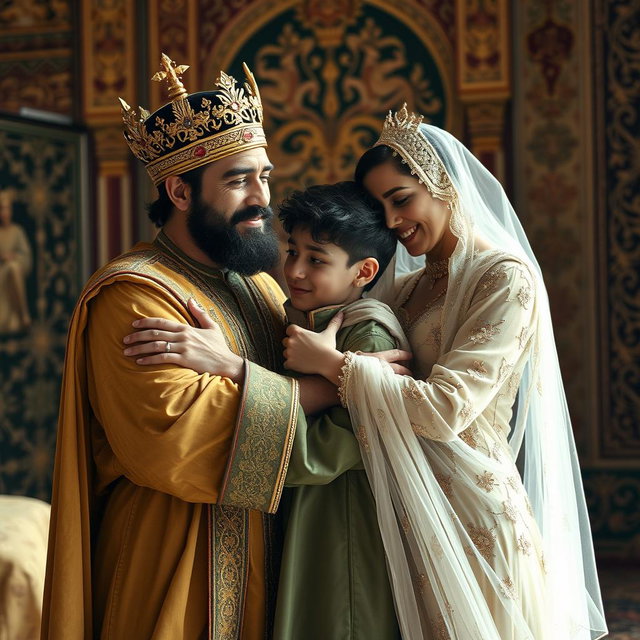 A Persian king and queen embracing a 23-year-old young man in a heartfelt reunion