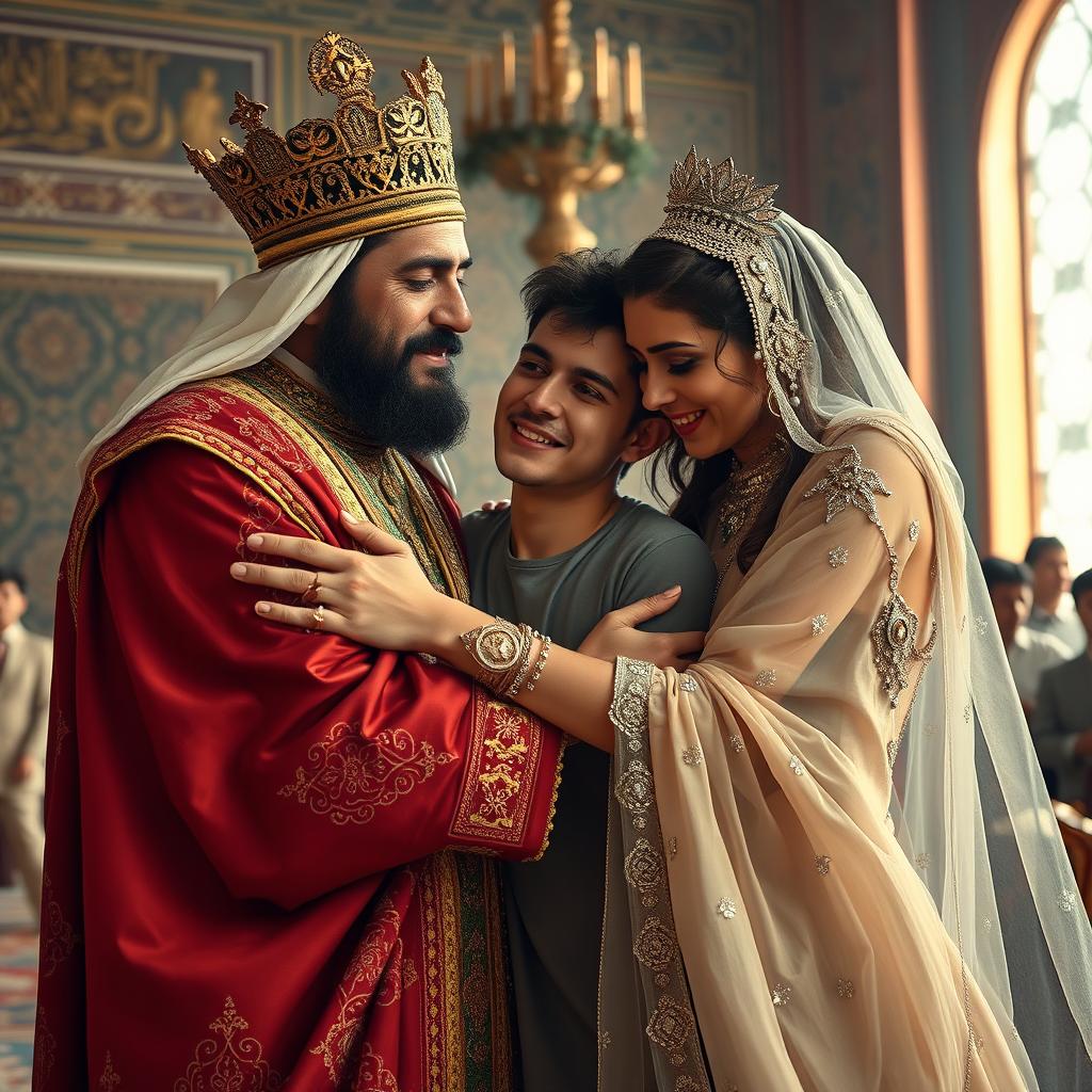 A Persian king and queen embracing a 23-year-old young man in a heartfelt reunion