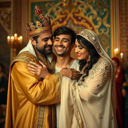 A Persian king and queen embracing a 23-year-old young man in a heartfelt reunion