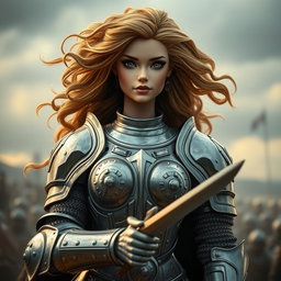 A very feminine girl resembling a Barbie doll, but featuring a man's beard, wearing detailed knight armor, poised for battle