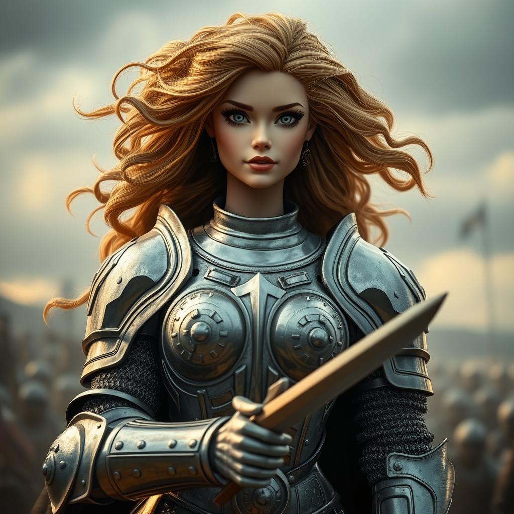 A very feminine girl resembling a Barbie doll, but featuring a man's beard, wearing detailed knight armor, poised for battle