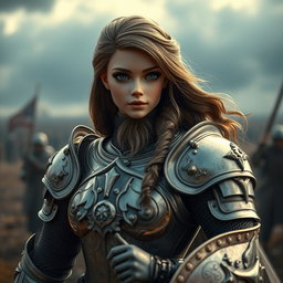 A very feminine girl resembling a Barbie doll, but featuring a man's beard, wearing detailed knight armor, poised for battle