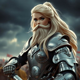 A very feminine girl resembling a Barbie doll, but featuring a man's beard, wearing detailed knight armor, poised for battle