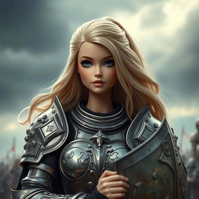 A very feminine girl resembling a Barbie doll, but featuring a man's beard, wearing detailed knight armor, poised for battle