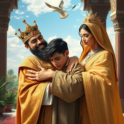 A majestic Persian king and queen embracing a 23-year-old young man in a heartfelt reunion, all three in tears