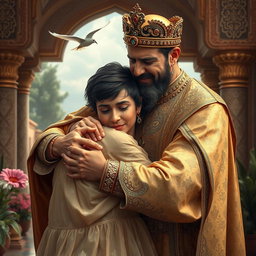 A majestic Persian king and queen embracing a 23-year-old young man in a heartfelt reunion, all three in tears