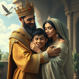 A majestic Persian king and queen embracing a 23-year-old young man in a heartfelt reunion, all three in tears