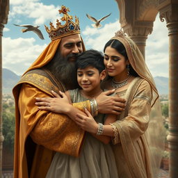 A majestic Persian king and queen embracing a 23-year-old young man in a heartfelt reunion, all three in tears