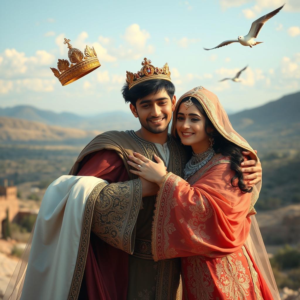 A heartwarming scene depicting a Persian king and queen embracing a 23-year-old young man, all three in tears of joy after a long separation