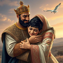 A heartwarming scene depicting a Persian king and queen embracing a 23-year-old young man, all three in tears of joy after a long separation