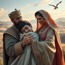 A heartwarming scene depicting a Persian king and queen embracing a 23-year-old young man, all three in tears of joy after a long separation