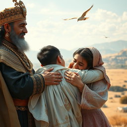 A heartwarming scene depicting a Persian king and queen embracing a 23-year-old young man, all three in tears of joy after a long separation