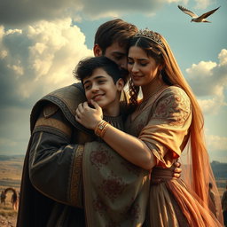 A dramatic scene depicting a Persian king and queen embracing a 23-year-old young man, all three in a heartfelt reunion