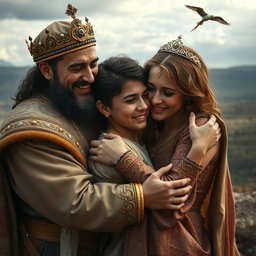 A dramatic scene depicting a Persian king and queen embracing a 23-year-old young man, all three in a heartfelt reunion