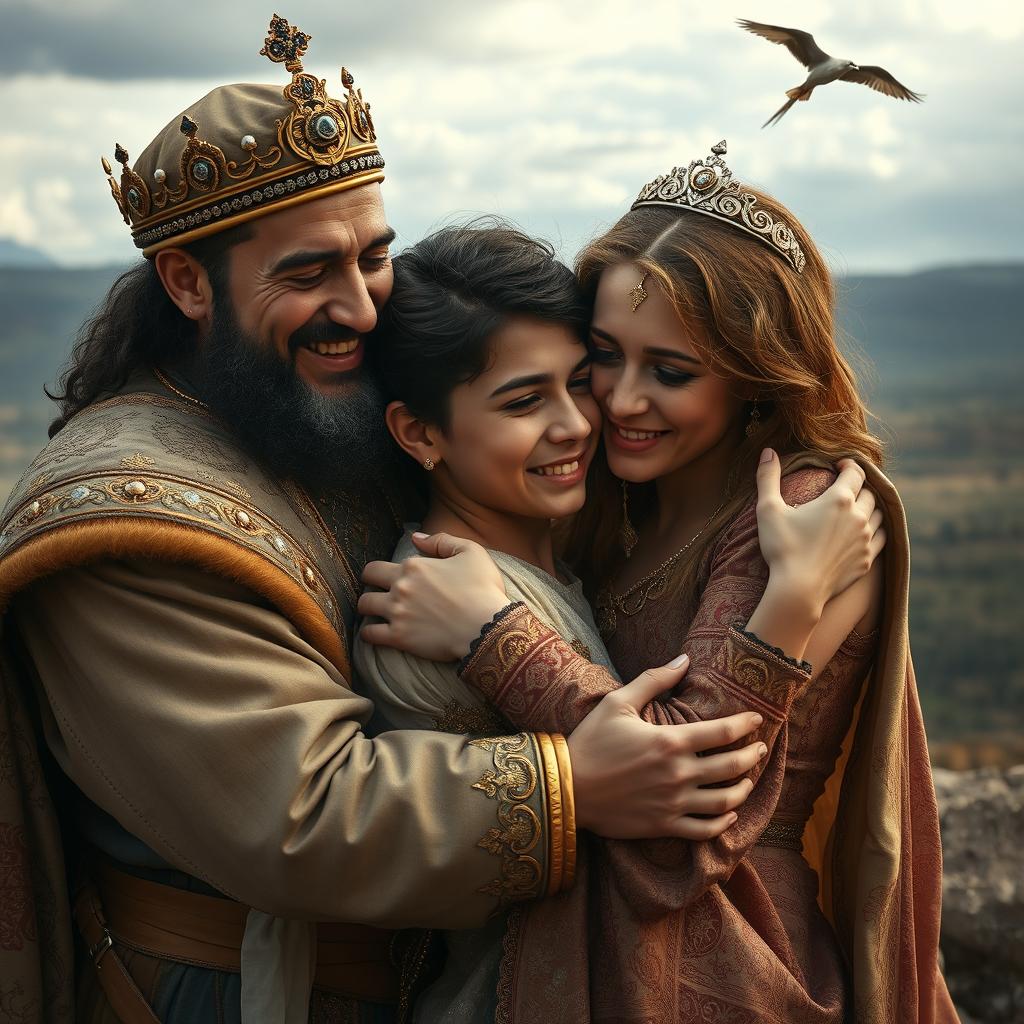 A dramatic scene depicting a Persian king and queen embracing a 23-year-old young man, all three in a heartfelt reunion