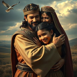 A dramatic scene depicting a Persian king and queen embracing a 23-year-old young man, all three in a heartfelt reunion