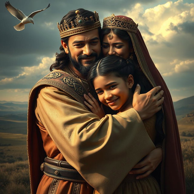 A dramatic scene depicting a Persian king and queen embracing a 23-year-old young man, all three in a heartfelt reunion