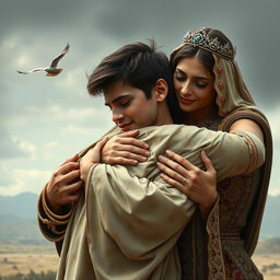 A dramatic scene depicting a Persian king and queen embracing a 23-year-old young man, all three in a heartfelt reunion