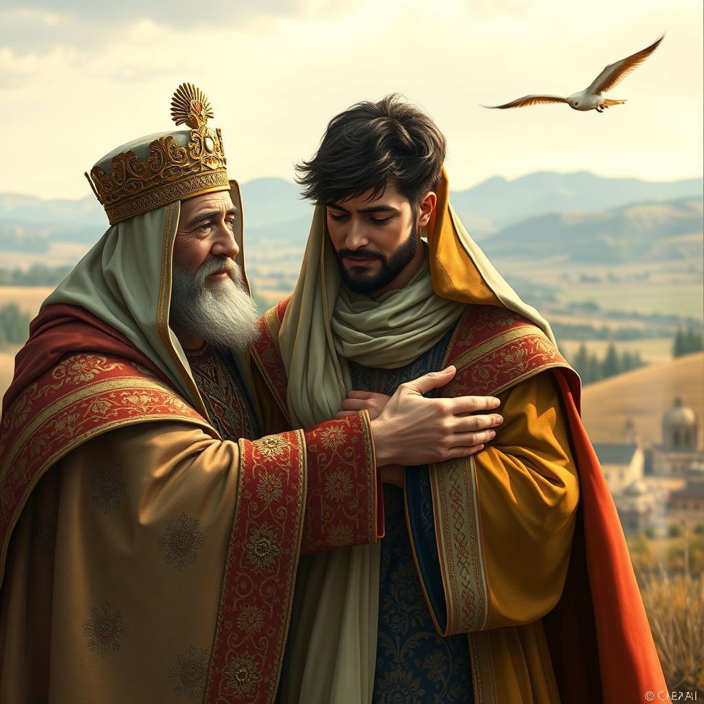 A touching scene depicting a Persian king and queen embracing a 23-year-old young man after a long separation