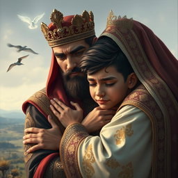 A touching scene depicting a Persian king and queen embracing a 23-year-old young man after a long separation