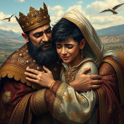 A touching scene depicting a Persian king and queen embracing a 23-year-old young man after a long separation