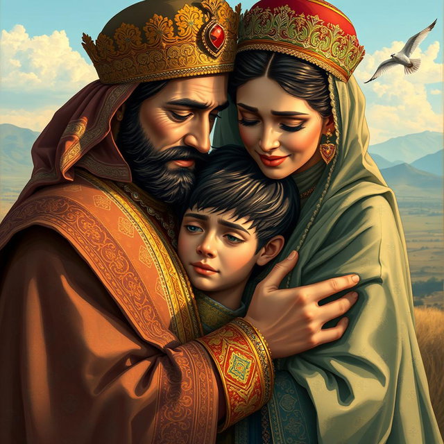 A touching scene depicting a Persian king and queen embracing a 23-year-old young man after a long separation