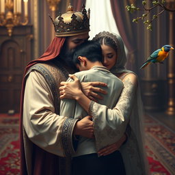 A poignant scene depicting a Persian king and queen embracing a 23-year-old young man after a long separation