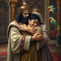 A poignant scene depicting a Persian king and queen embracing a 23-year-old young man after a long separation