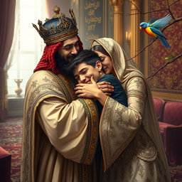 A poignant scene depicting a Persian king and queen embracing a 23-year-old young man after a long separation