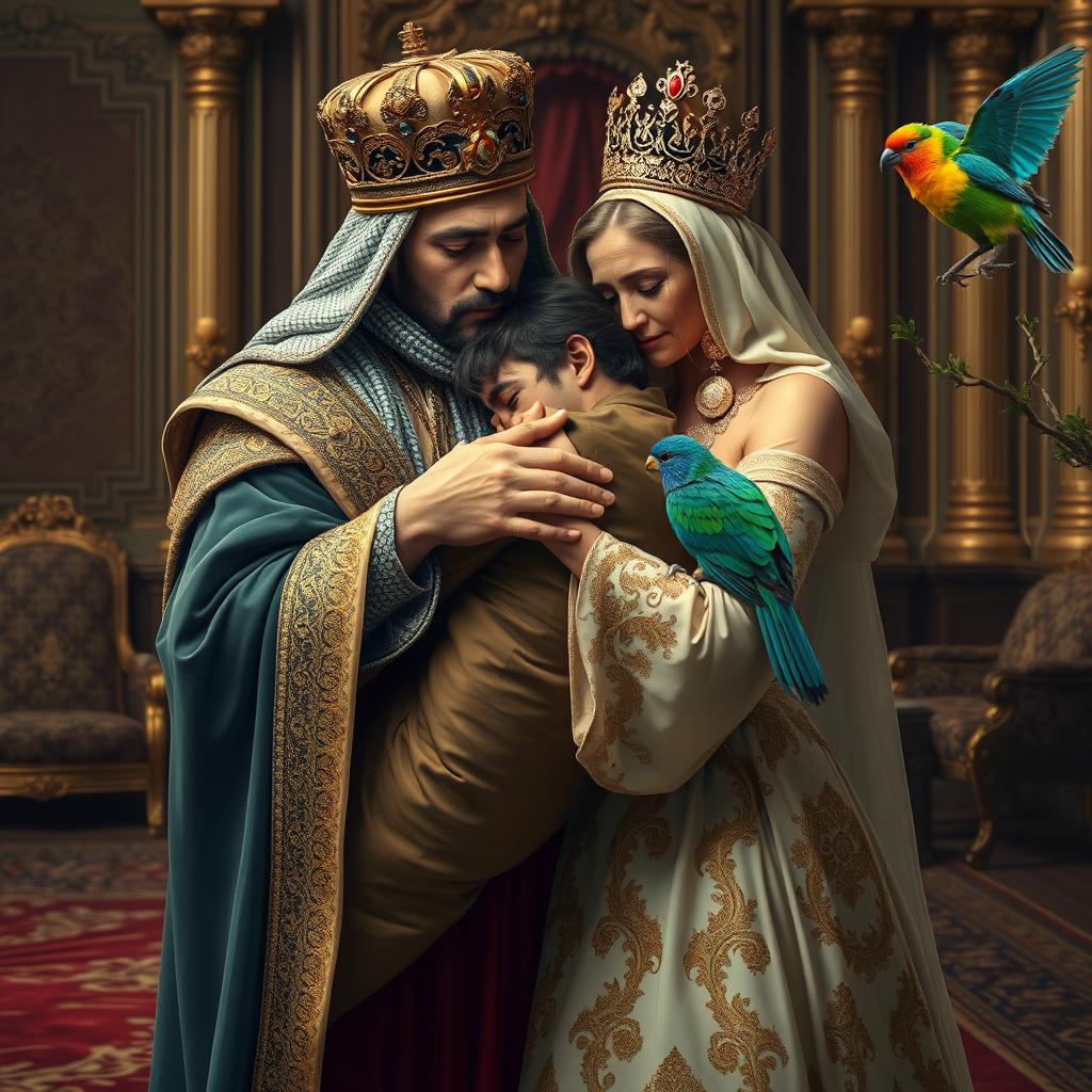 A poignant scene depicting a Persian king and queen embracing a 23-year-old young man after a long separation