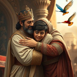 A heartwarming scene of a Persian king and queen embracing a 23-year-old young man after a long separation, all three of them with tears streaming down their faces, conveying deep emotions of love and reunion