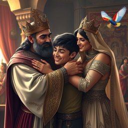 A heartwarming scene of a Persian king and queen embracing a 23-year-old young man after a long separation, all three of them with tears streaming down their faces, conveying deep emotions of love and reunion