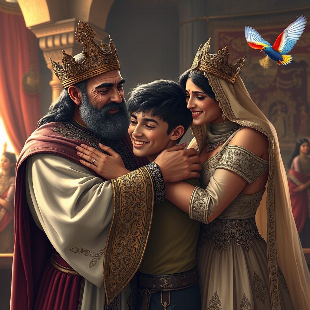 A heartwarming scene of a Persian king and queen embracing a 23-year-old young man after a long separation, all three of them with tears streaming down their faces, conveying deep emotions of love and reunion
