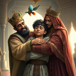A heartwarming scene of a Persian king and queen embracing a 23-year-old young man after a long separation, all three of them with tears streaming down their faces, conveying deep emotions of love and reunion