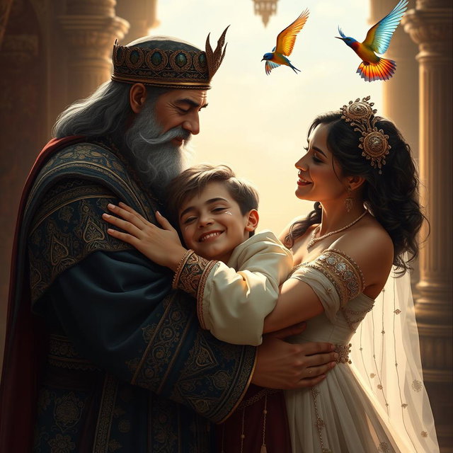 A heartwarming scene of a Persian king and queen embracing a 23-year-old young man after a long separation, all three of them with tears streaming down their faces, conveying deep emotions of love and reunion