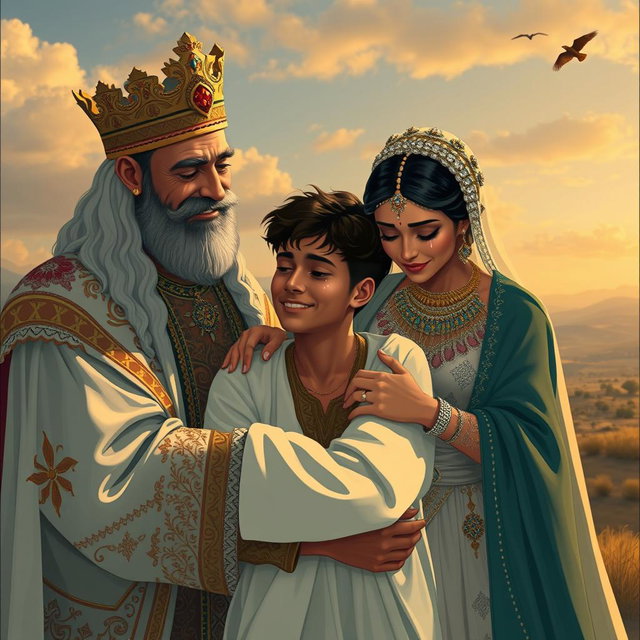 A majestic Persian king and queen embracing a 23-year-old young man in a poignant reunion, all three shedding tears of joy and emotion