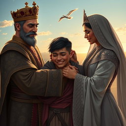 A majestic Persian king and queen embracing a 23-year-old young man in a poignant reunion, all three shedding tears of joy and emotion