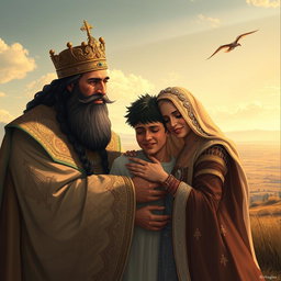 A majestic Persian king and queen embracing a 23-year-old young man in a poignant reunion, all three shedding tears of joy and emotion