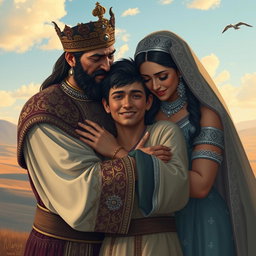 A majestic Persian king and queen embracing a 23-year-old young man in a poignant reunion, all three shedding tears of joy and emotion