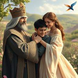A Persian king and queen embracing a 23-year-old young man, all expressing deep emotional connection as they cry joyfully after a long separation