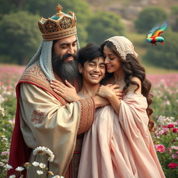 A Persian king and queen embracing a 23-year-old young man, all expressing deep emotional connection as they cry joyfully after a long separation