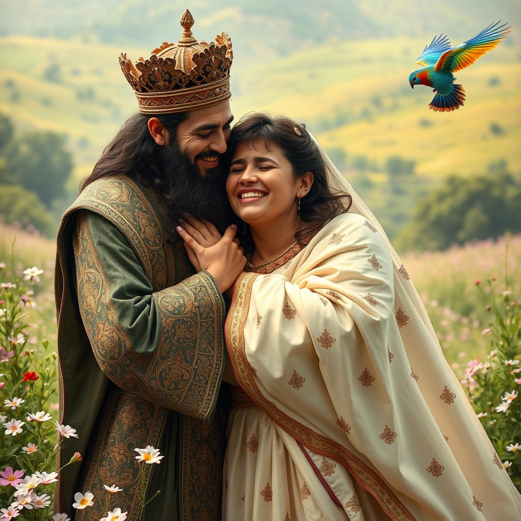 A Persian king and queen embracing a 23-year-old young man, all expressing deep emotional connection as they cry joyfully after a long separation