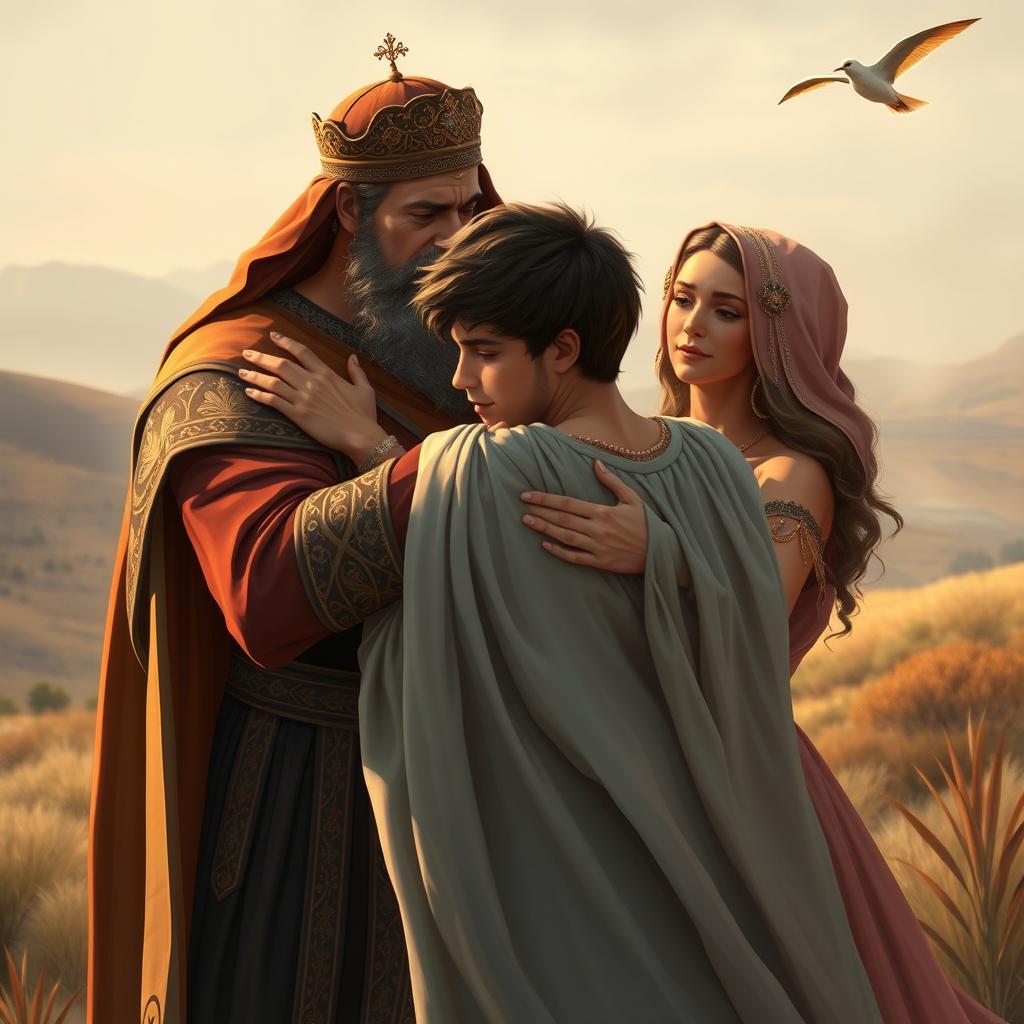 A heartwarming scene depicting a Persian king and queen embracing a 23-year-old young man, all three figures in tears, expressing deep emotions after a long separation