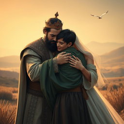A heartwarming scene depicting a Persian king and queen embracing a 23-year-old young man, all three figures in tears, expressing deep emotions after a long separation