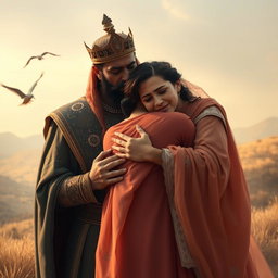 A heartwarming scene depicting a Persian king and queen embracing a 23-year-old young man, all three figures in tears, expressing deep emotions after a long separation