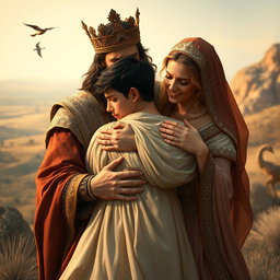 A heartwarming scene depicting a Persian king and queen embracing a 23-year-old young man, all three figures in tears, expressing deep emotions after a long separation