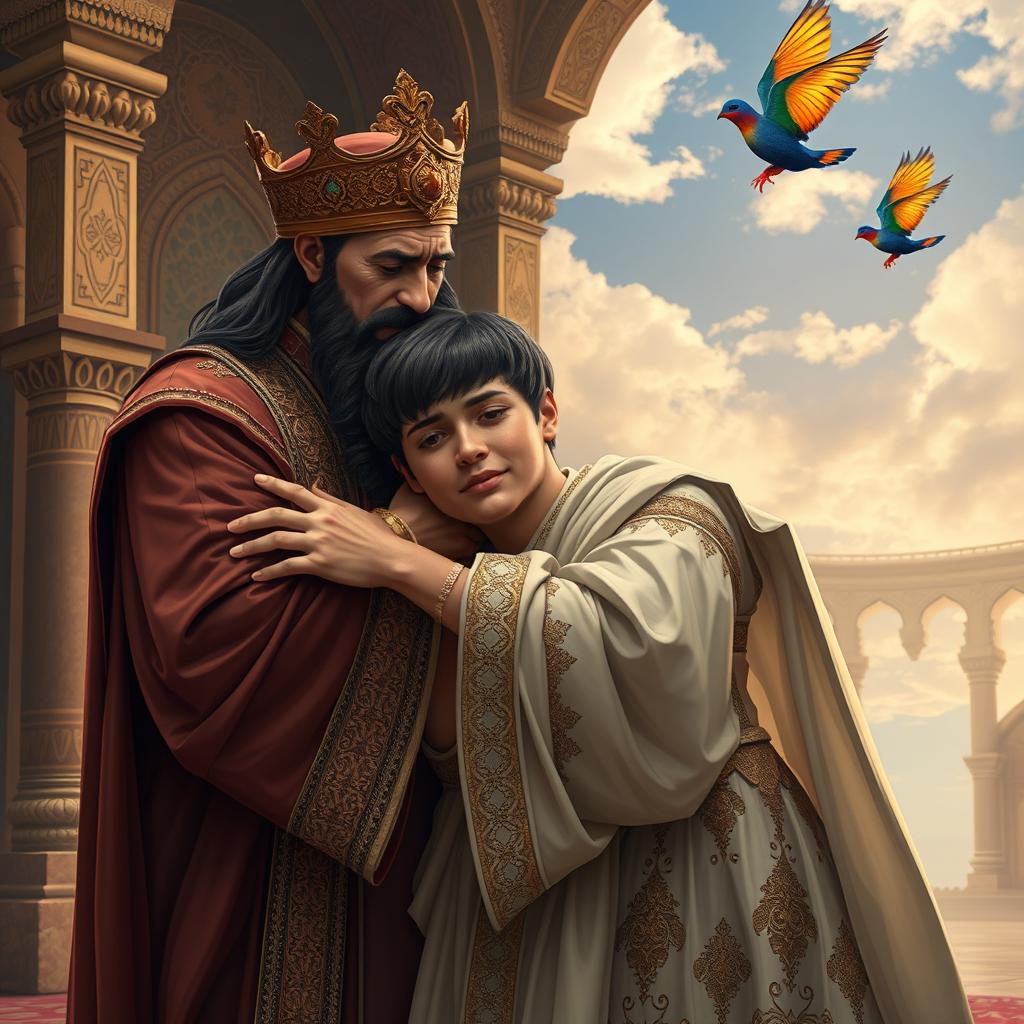 A poignant scene featuring a Persian king and queen embracing a 23-year-old young man, who is also in tears