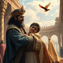 A poignant scene featuring a Persian king and queen embracing a 23-year-old young man, who is also in tears